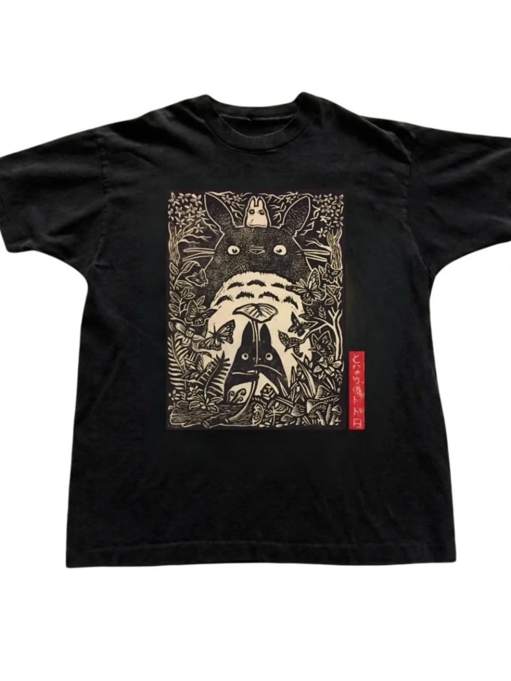 Black Tee with Beige Totoro Graphic, Anime Shirt